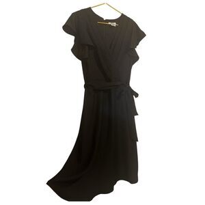 DKNY Black Faux Wrap Midi Dress Size 12 NWT Belted Flutter Sleeve $134